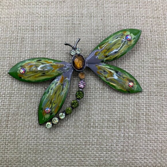 Dragonfly Enamel Multi Colored Rhinestone Gun Metal Brooch Pin - Picture 1 of 8